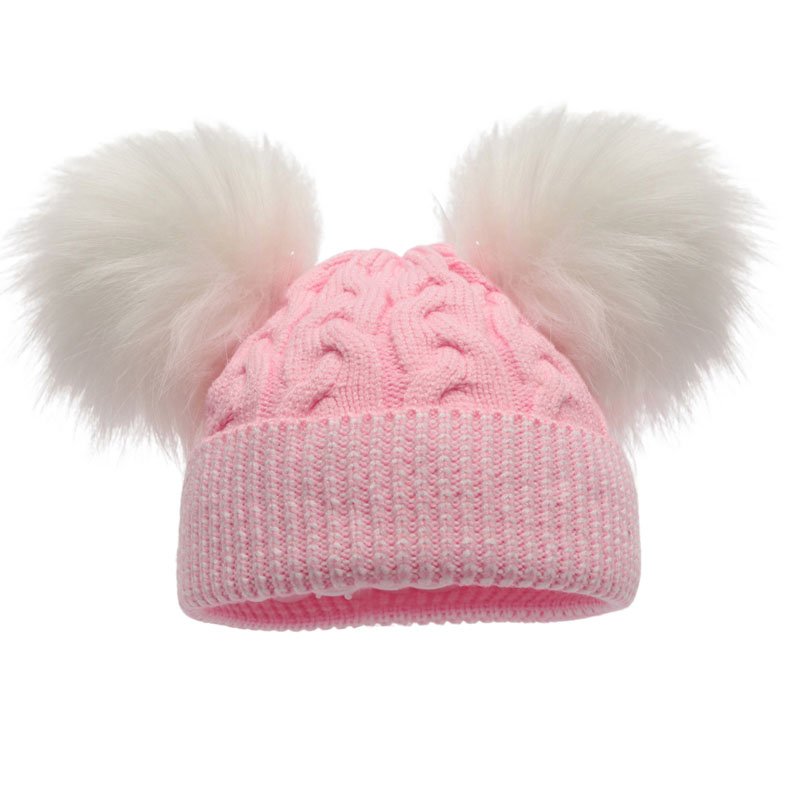 H646-P: Pink Cable Knit Hat w/Pom Poms (0-12m)